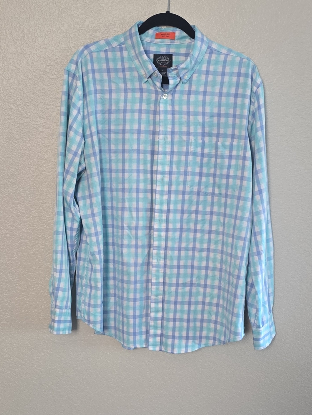 St. John's Bay Men's Light Blue and Mint Plaid Button-Down Shirt